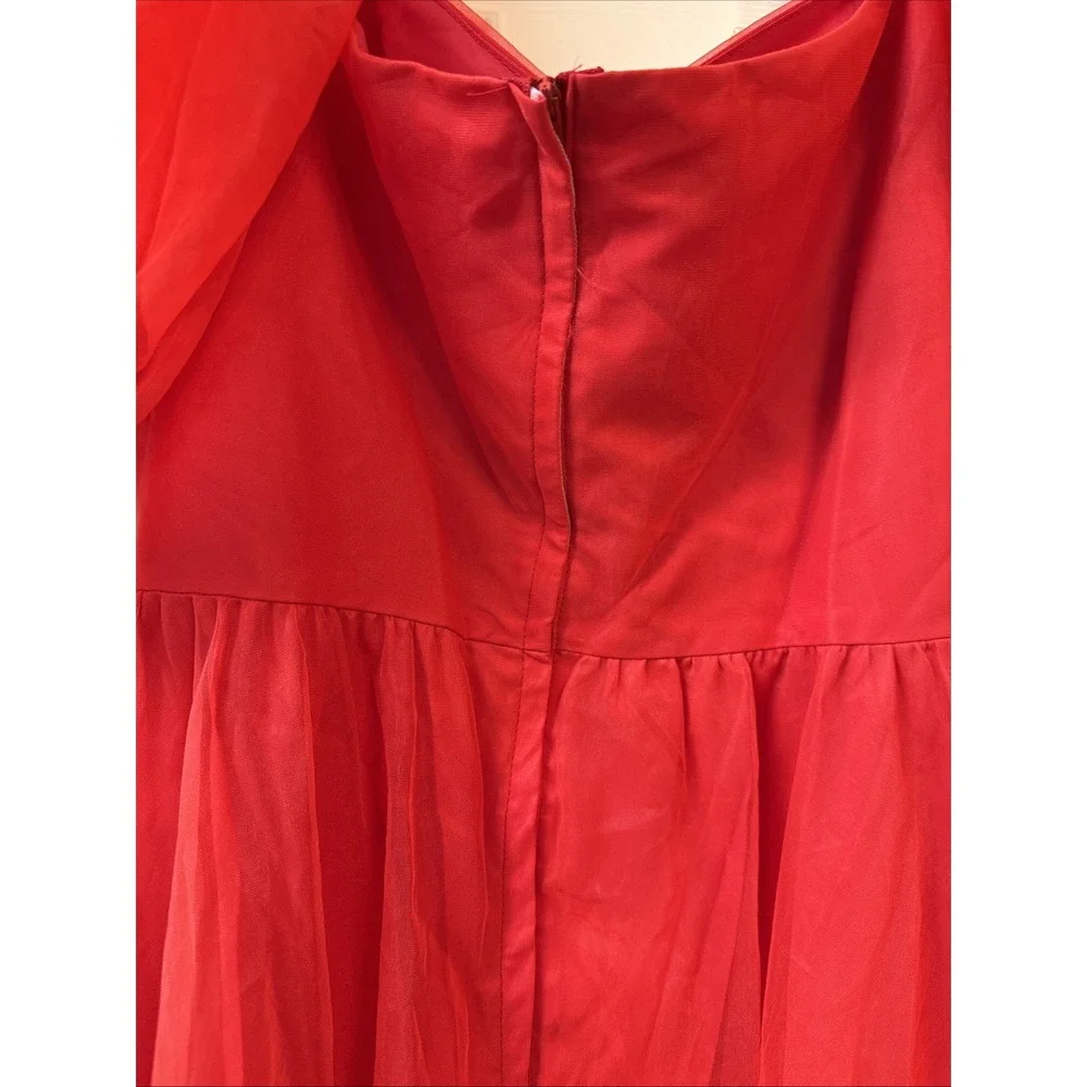 Vtg Red Chiffon Union Made Full Maxi Sweetheart Prom‎ Party Dress Puff Sleeves - Picture 7 of 16
